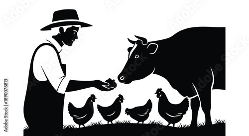 Farmer feeding cow and chickens in a field