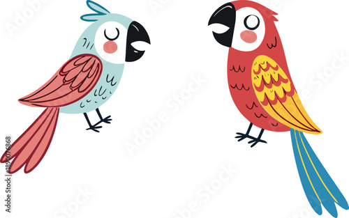 A cute cartoon illustration of a tropical bird of paradise parrot with a yellow beak and colorful wings perched on a wild jungle tree branch in nature