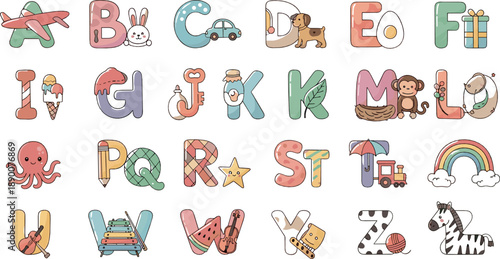 Cute illustrated alphabet vector set with playful letters, animals, objects, rainbows, and fun educational characters for kids learning