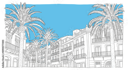 Hand drawn mediterranean street with palm trees against clear blue sky