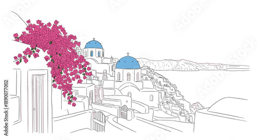Charming coastal scene of greek island with blue domes and pink bougainvillea