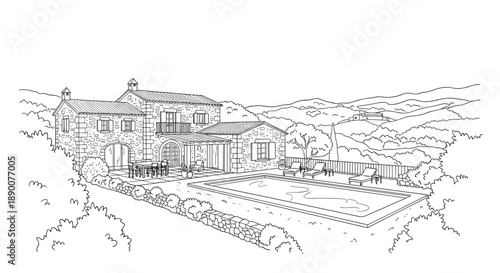 Charming rural villa with pool and scenic mountain view in line art style