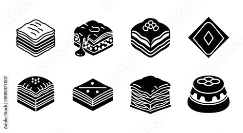 Assorted cake icons set: variety of desserts in simple black design