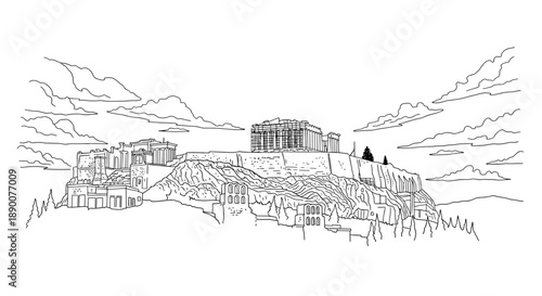 Ancient greek acropolis outline with cloudy sky
