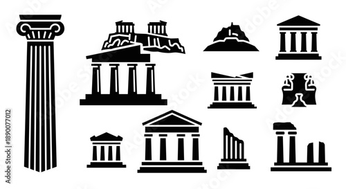 Iconic ancient greek landmarks: silhouettes of temples and columns