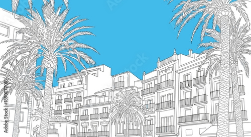 Charming architectural line art of mediterranean street with palm trees