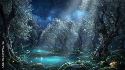 Mystical Starry Grove Illuminated By The Cosmos In Elysium