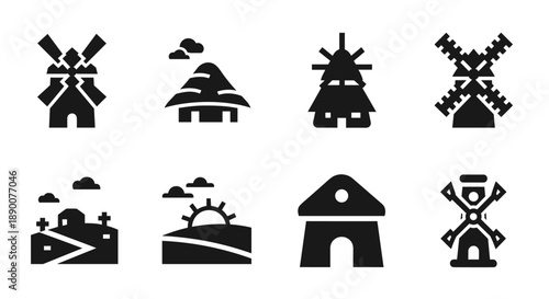 Set of minimalist black silhouette icons of windmills and cottages