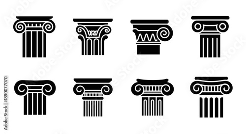 Classical pillar capitals in silhouette style for architectural designs