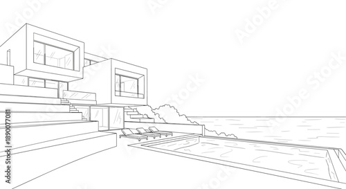 Modern minimalist house with ocean view and pool in linear design