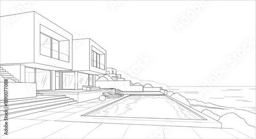 Modern linear architecture with sea view and poolside serenity