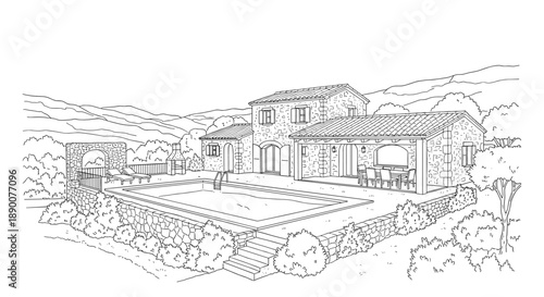 Charming rural villa with pool in black and white line art style