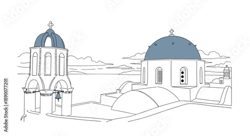 Minimalist greek island architecture with blue domes and sea view