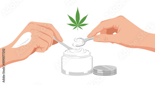Close-up of hands applying cream from a jar, with a cannabis leaf symbol above, suggesting topical CBD or THC-infused skincare product for skin relief and wellness.