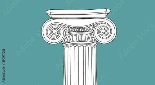 Ancient greek ionic column with classical scrolls on teal background
