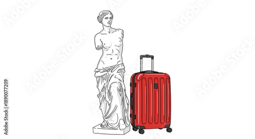 Classic statue with modern red luggage: timeless travel concept