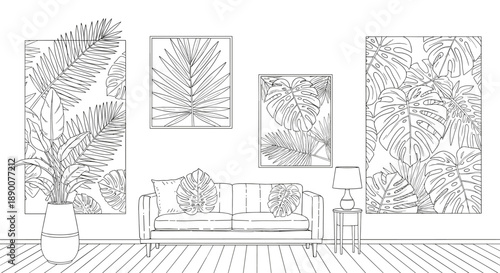 Monochrome interior with botanical art and cozy sofa