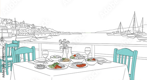 Coastal dining: serene seaside meal with a scenic harbor view in line art