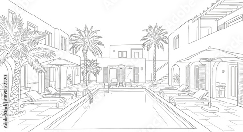 Mediterranean courtyard with pool and palms in linear style illustration