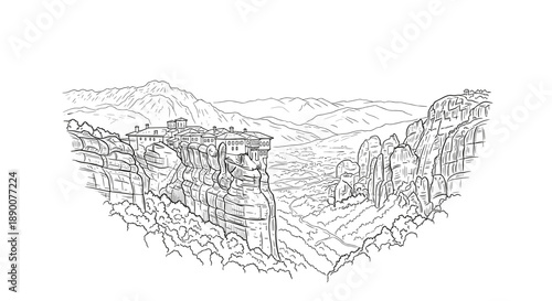 Monastery on rocky cliffs: detailed line art landscape of meteora