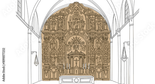 Ornate baroque church interior with detailed altar architecture in linear design