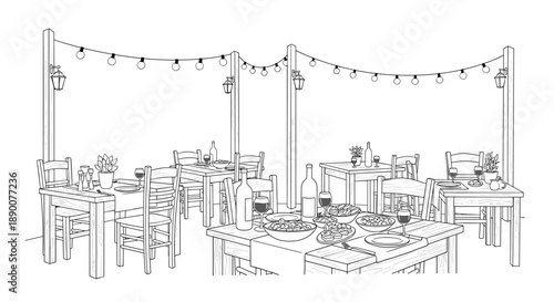 Charming outdoor dining area with hanging lights in a rustic setting