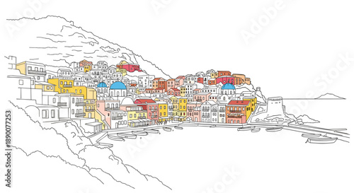 Colorful coastal village with line art architecture and hillside