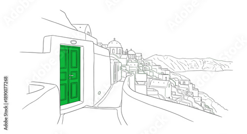 Linear greek island architecture with vibrant green door and scenic seaside view