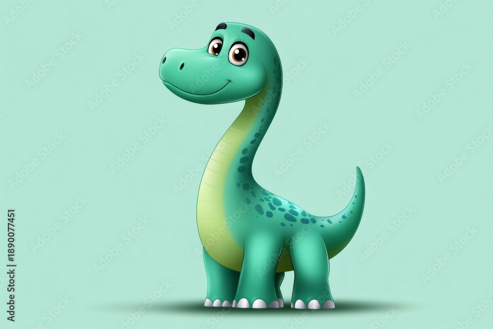 Fototapeta premium Cute cartoon green sauropod dinosaur character smiling