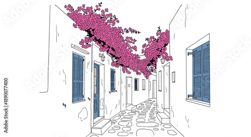 Charming alleyway with pink bougainvillea and blue shutters in minimalist art style