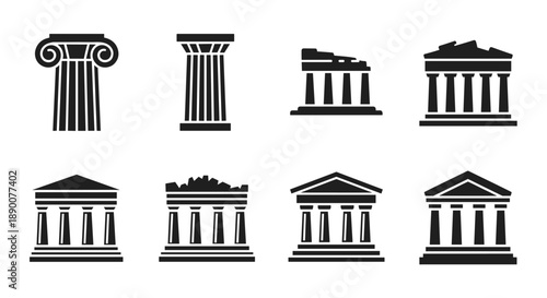 Set of classical greek and roman architectural elements in silhouette style