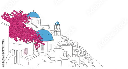 Minimalist line art of santorini with iconic blue domes and pink bougainvillea