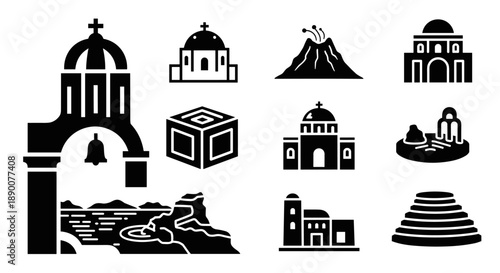 Greek icons: black and white architectural and natural landmarks in silhouette style