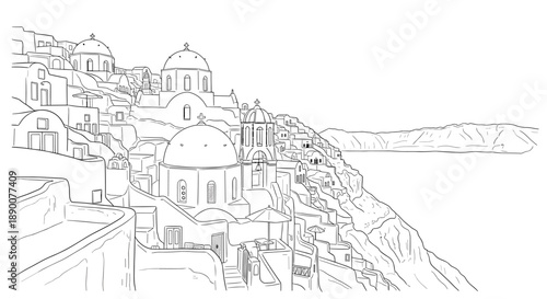 Santorini landscape in black and white line art