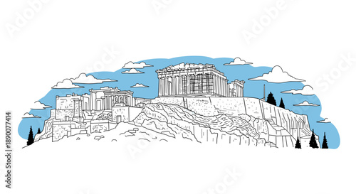 Detailed outline of the parthenon against a blue sky