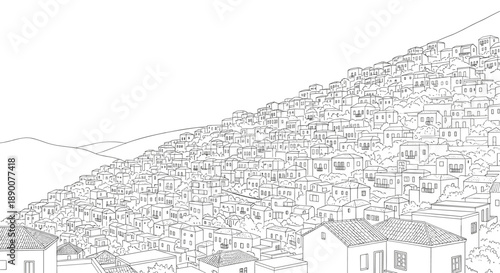 Line art cityscape of hillside houses: elegant urban architecture