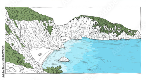 Serene coastal landscape with cliffs and sandy beach in flat style