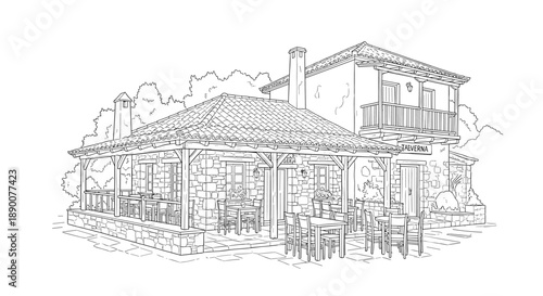 Charming greek taverna in black and white line art