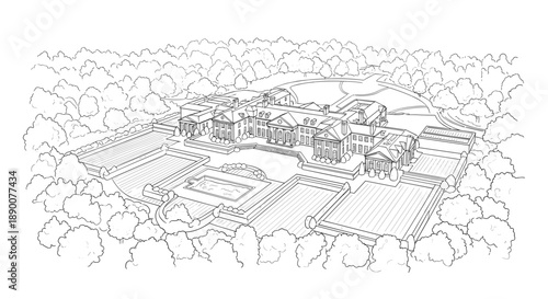 Large mansion with garden in detailed linear drawing surrounded by trees