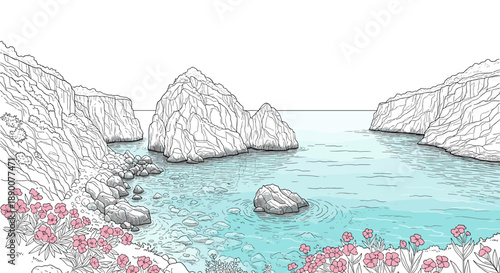 Coastal landscape with rocky cliffs and flowering plants in outline style