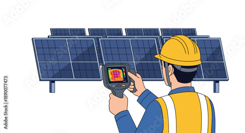 Technician in a yellow hard hat and safety vest inspecting solar panels with a thermal imaging camera, showing heat patterns, suggesting energy efficiency testing or m...