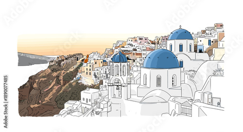 Scenic coastal architecture with blue domes and sunset horizon