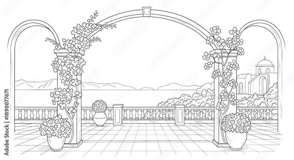 Fototapeta premium Scenic architectural drawing of a mediterranean balcony with floral arches and sea view
