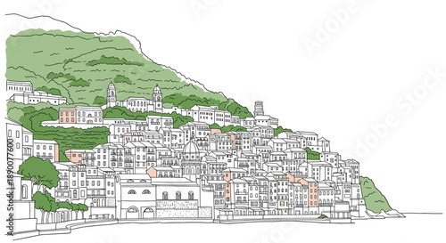 Hand-drawn coastal town with green hills and classic architecture