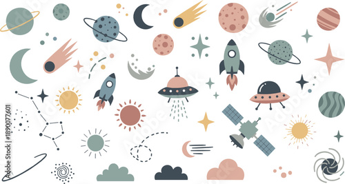 Cute space vector set with planets, rockets, UFOs, comets, stars, moons, satellites, constellations, and colorful cosmic elements for kids