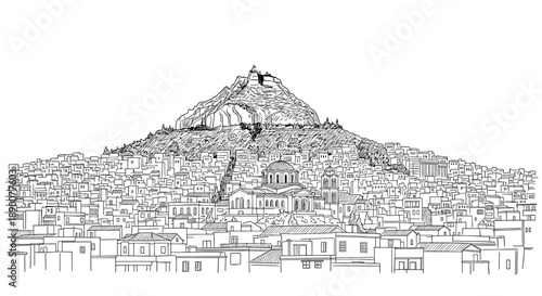 Detailed linear drawing of urban cityscape with mountain and historic architecture