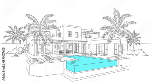 Modern luxury villa with pool and palm trees in linear design