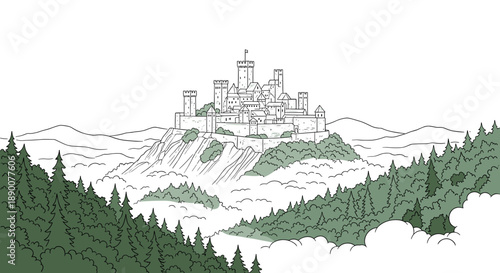 Majestic mountain castle above misty forest in line art style