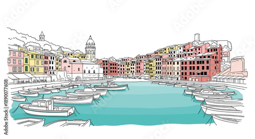 Charming coastal town with colorful buildings and boats in minimalist style
