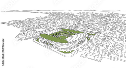 Modern stadium in urban cityscape with linear architecture design